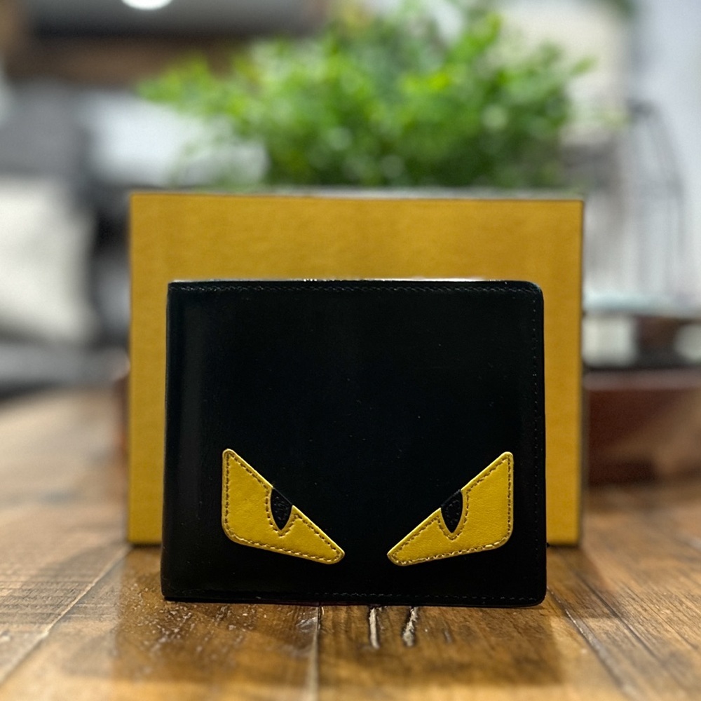 Authentic Fendi Bag Bugs Monster Eyes Black Leather Bi-Fold Wallet Full Set